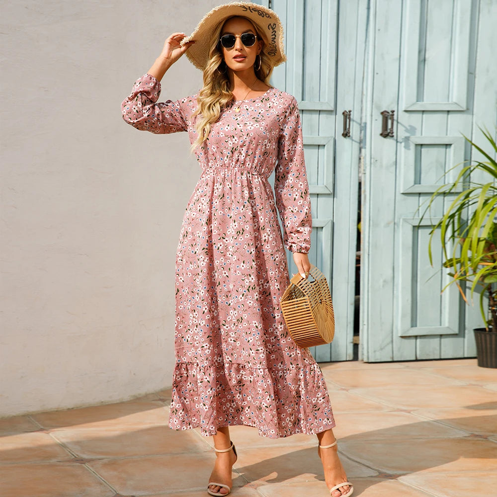 2023 Sping Summer Bohemian Women Maxi Dress Casual Long Sleeve High Waist Beach Woman Chiffon Dresses Floral Vestidoes Mujer New - Smarsty