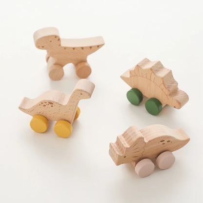 Wooden Baby Car Toys Beech Wooden Dinosaur Cartoon Car Teether Educational Montessori Toys For Children Teething Baby Toys