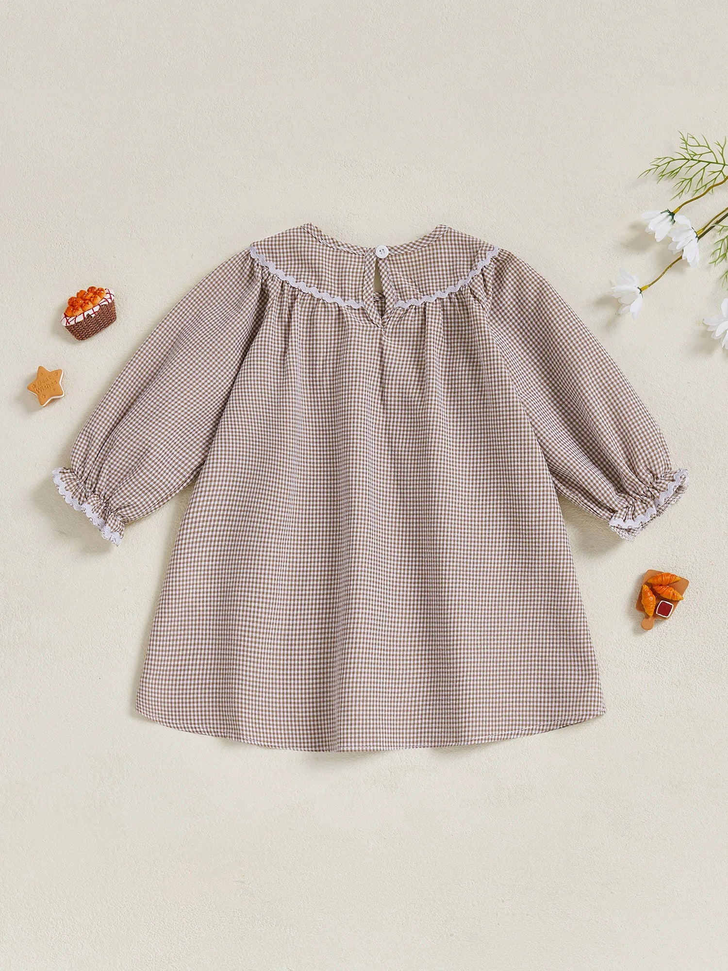 Thanksgiving Turkey Embroidered Plaid Dress with Peter Pan Collar and Long Sleeves for Girls - Festive Fall Outfit for Kids