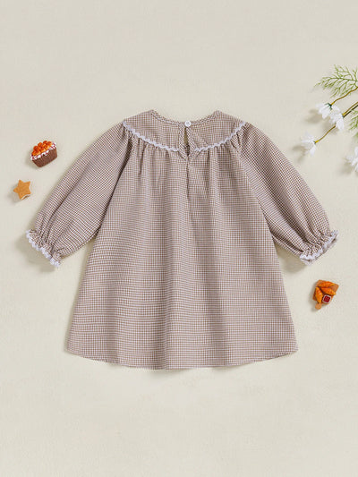 Thanksgiving Turkey Embroidered Plaid Dress with Peter Pan Collar and Long Sleeves for Girls - Festive Fall Outfit for Kids