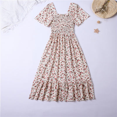 Spring Summer Chiffon Dress Women Midi DressesFemale Short Sleeve Elastic Waist Printed Floral Pleated Backless Casual Dress - Smarsty