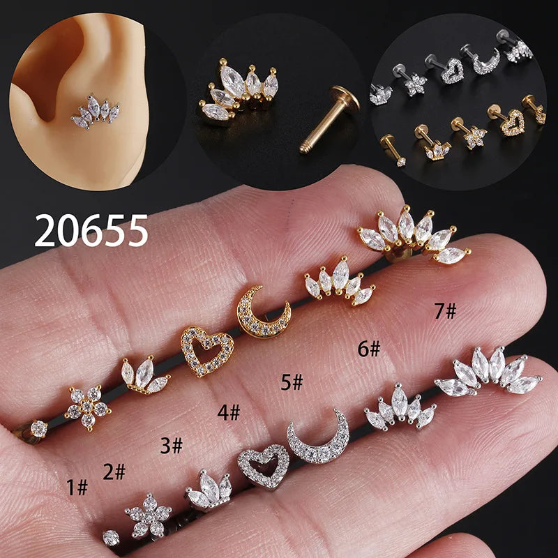 Heart Flower Cartilage Earrings Stainless Steel Zircon - Smarsty
