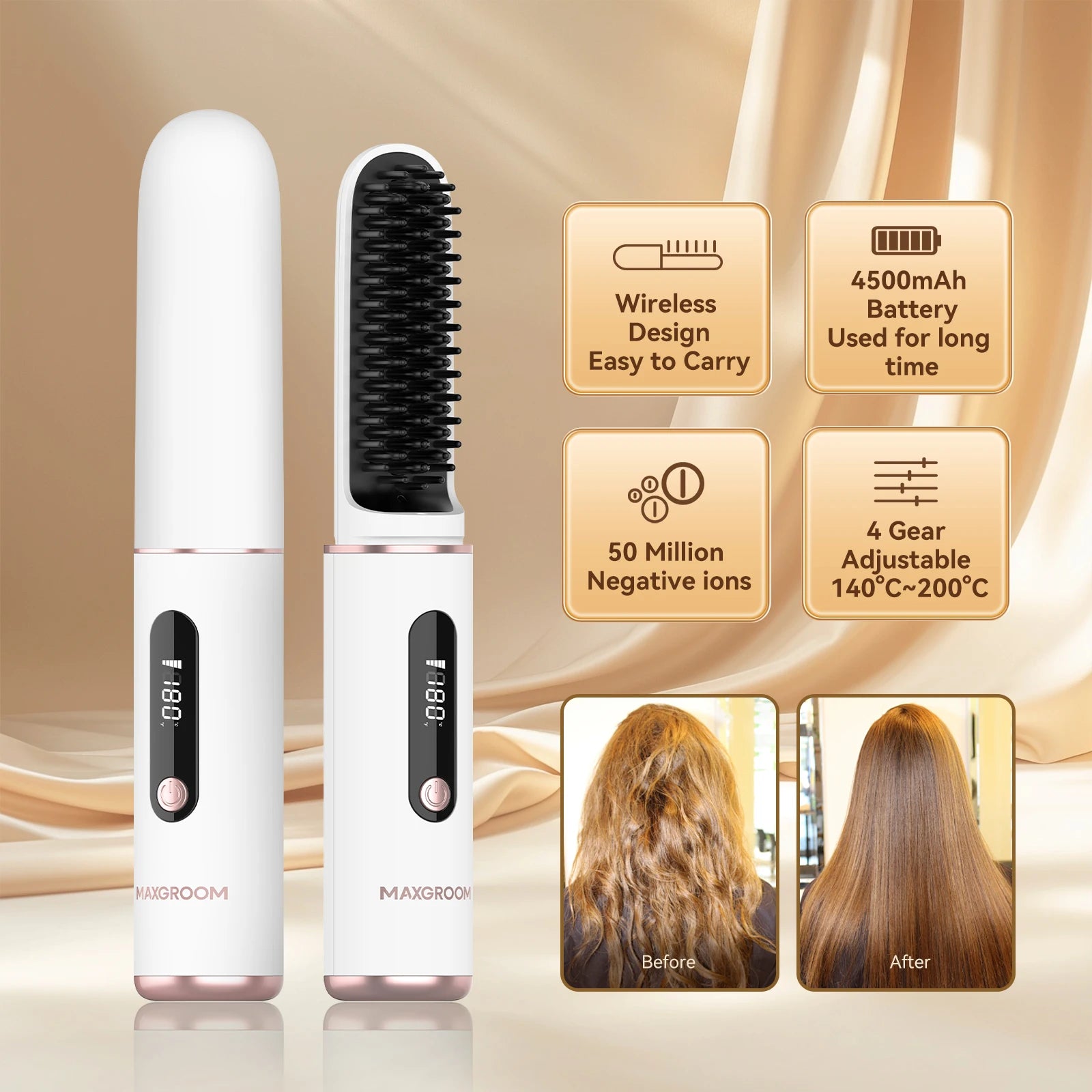 MAXGROOM Cordless Ionic Hair Straightener Brush Fast Heating - Smarsty