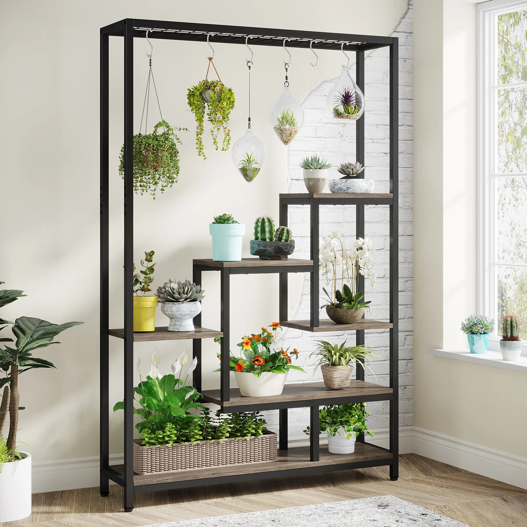 Tribesigns 5 Tiers Tall Indoor Plant Stand 70.9 inches Large Metal Plant Shelf with 10 PC S Hanging Hooks for Garden