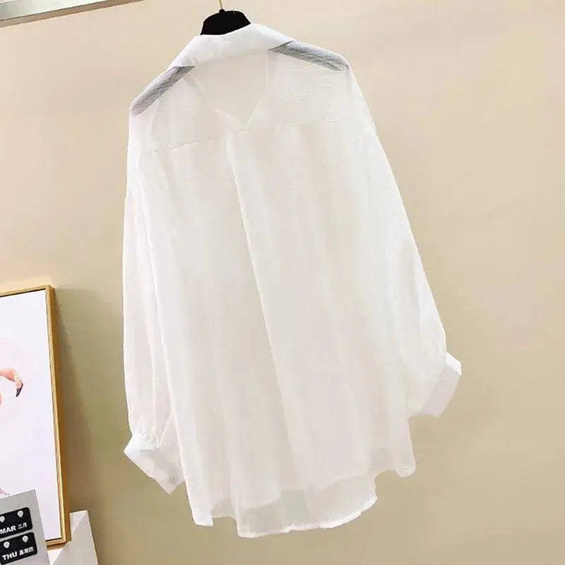 Summer Sunscreen Shirt Elegant Perspective Thin Chiffon Blouse Korean Harajuku See Through Loose Top Casual Women's Cardigan - Smarsty