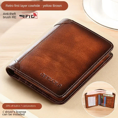 Men Wallet Genuine Leather Rfid Blocking Trifold Wallet Vintage Thin Short Multi Function ID Credit Card Holder Male Purse Money - Smarsty