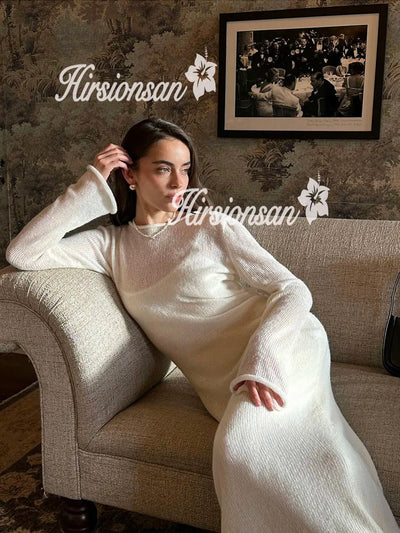 Hirsionsan Spring Autumn O-Neck Elastic Knit Long Dresses Women 2024 Elegant Chic Soft Lady Hollowing Sweater Dresses Femme New - Smarsty