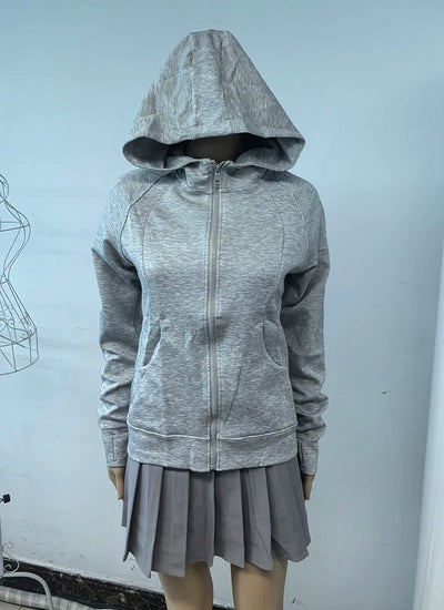 Gray Zipper Hooded Sweatshirt Women 2025 New Korean Slim Fit Cardigan Long Sleeve Coat Woman Solid Pockets Sports Hoodies Jacket - Smarsty