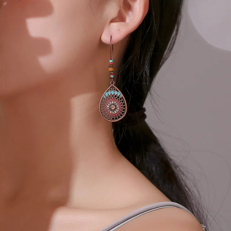 Vintage Bohemian Big Drop Earrings with Geometric Leaf Design - Smarsty