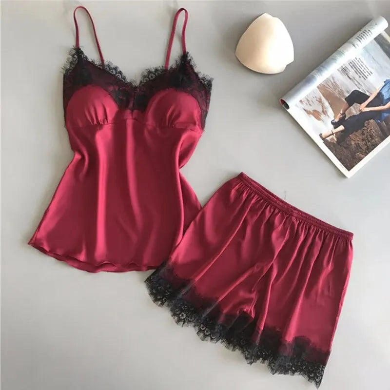 Women Pajama Suit Fashion V-Neck Lace Sexy Lingerie Pyjamas Sleep Shorts Set Sleepwear New - Smarsty