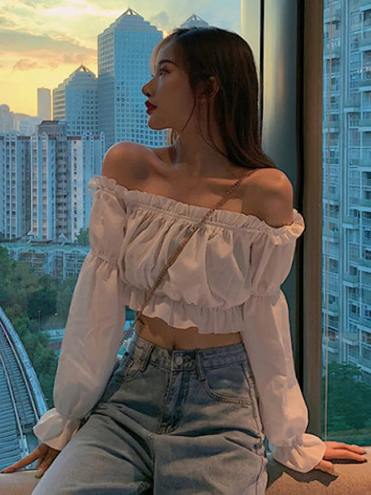 Women Top Sexy Blouse Off Shoulder Top Long Sleeve Solid Color White Shirt Puff Sleeve Ruffle Tunic Crop Top Summer Tube Top - Smarsty