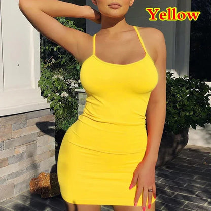 Summer Spaghetti Strap Mini Dress 2025 Women Sexy Bodycon Club Party Dresses Short Female Camisole Solid Black Sheath Sundress - Smarsty