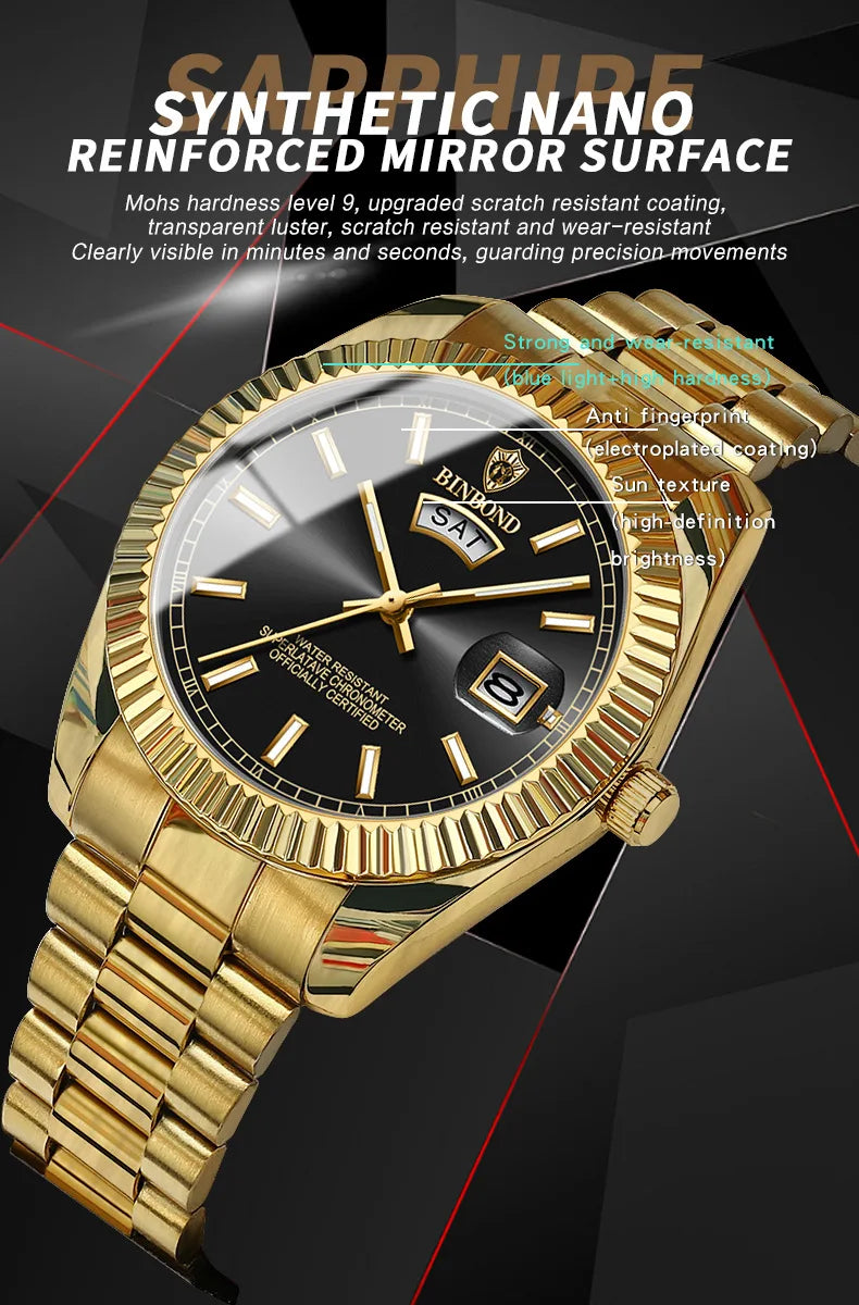 BINBOND Mens Waterproof Quartz Watch with Stainless Steel Band - Smarsty