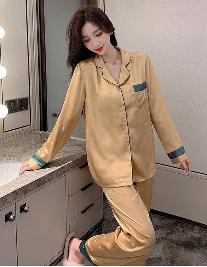 Top Autumn New Ice Silk Women Pajama Lapel Button Cardigan Outfits for Women 2 Piece Set Fashion Printing Set Clothes for Women - Smarsty
