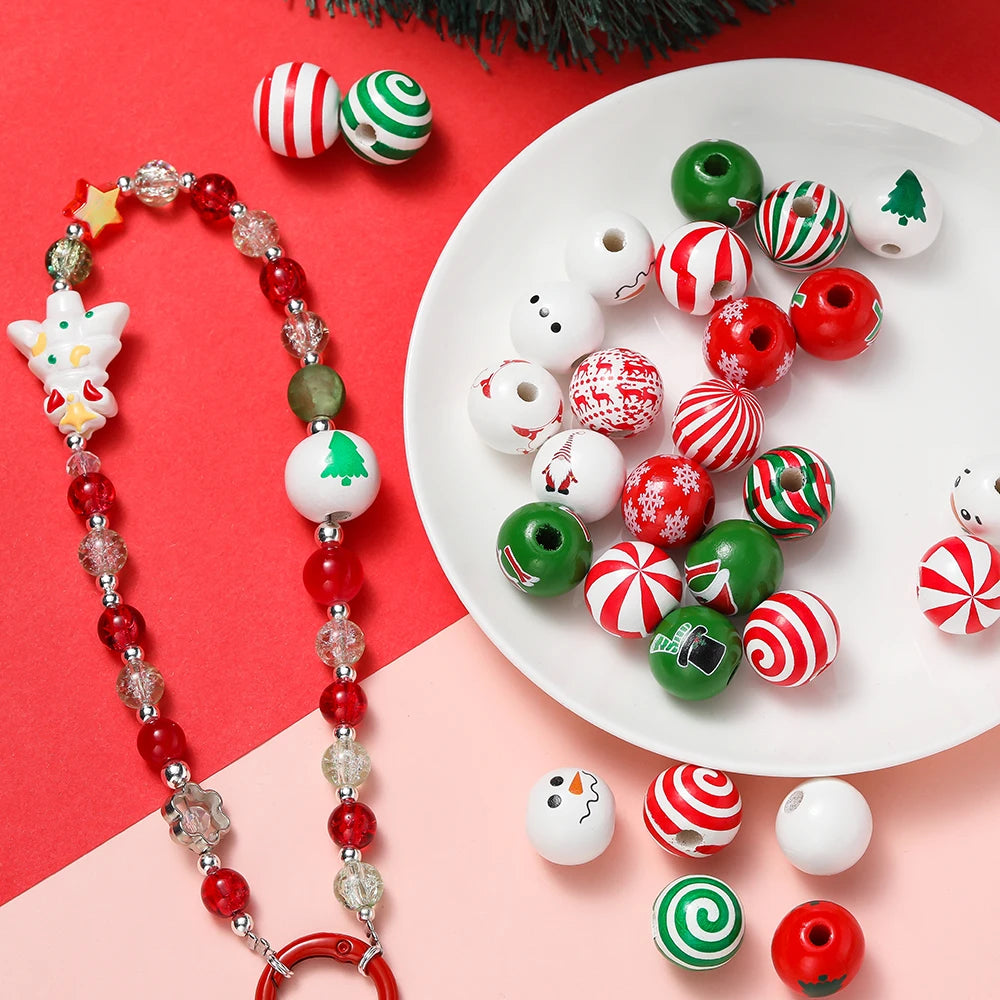 5/10pcs 16mm Wooden Beads Green Snowman Christmas Spacer Beads for DIY Bracelet Keychain Jewelry Making Handmade Accessories