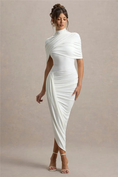 Mozision Half Sleeve Backless Ruched Sexy Maxi Dress Women Summer New Turtleneck Slim High Waist Evening Club Party Long Dress - Smarsty