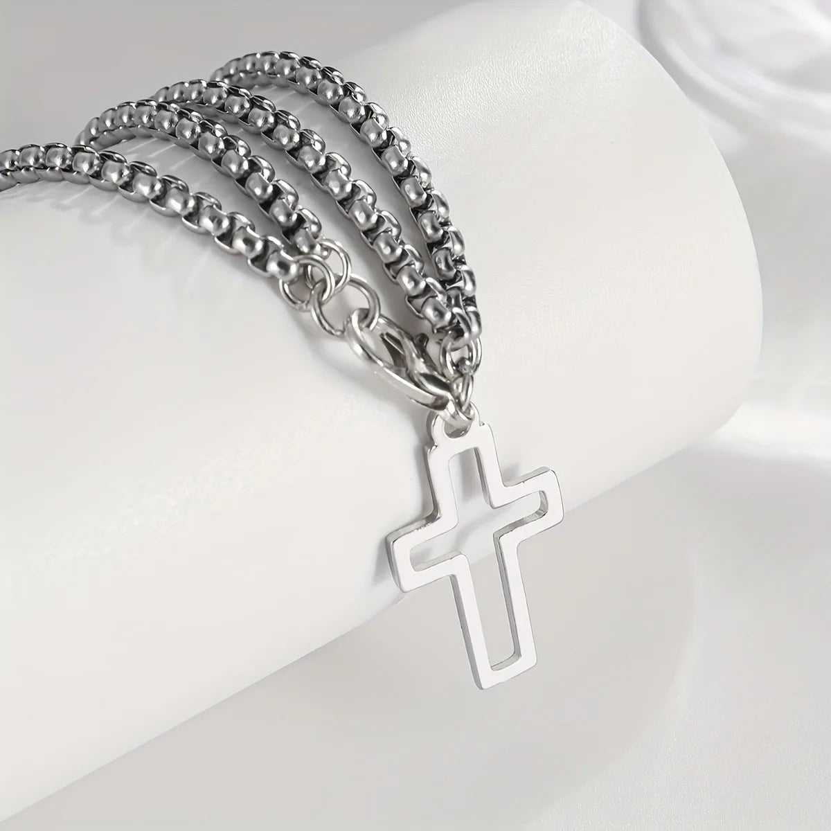 Mens Stainless Steel Double Chain Cross Bracelet Durable Hip Hop Jewelry - Smarsty