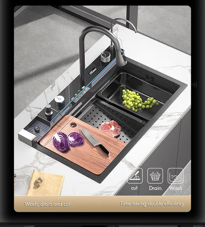 Large Stainless Steel Kitchen Sink with Digital Faucet Display - Smarsty
