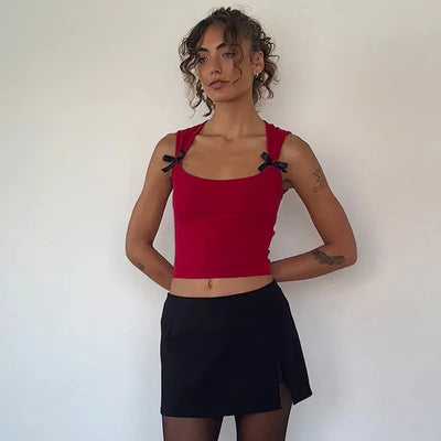 Y2K Women'S Bow Tie-Up Tank Tops Wide Shoulder Straps Bandage Camisole Sexy Low Cut Crop Tops Female Vest Tops - Smarsty