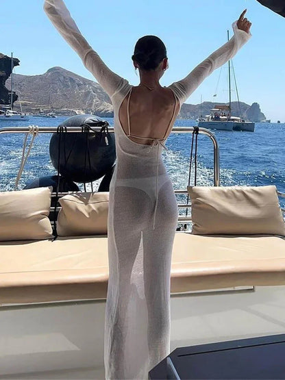 White Backless See-through Long Dress Women's Summer Slim High Waist Spliced Long Sleeve Solid Color Beach Long Dress - Smarsty