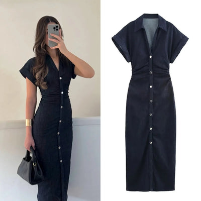 ETJ 2025  Spring New 1975 series denim MIDI dress with lapel side zipper fashion wrinkle waist slim elegant dress - Smarsty