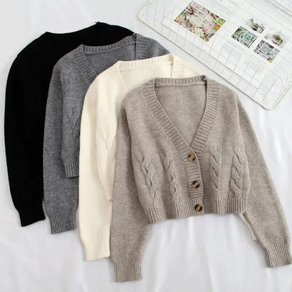 V Neck Cropped Cardigan Women Long Sleeve Twist Knitted Sweater Coats Autumn Winter Keep Warm Korean Fashion Jacket Cardigan - Smarsty
