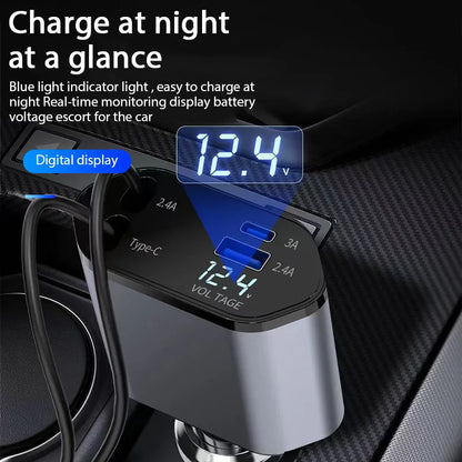 120W Car Charger With Retractable USB Type C Cable - Smarsty