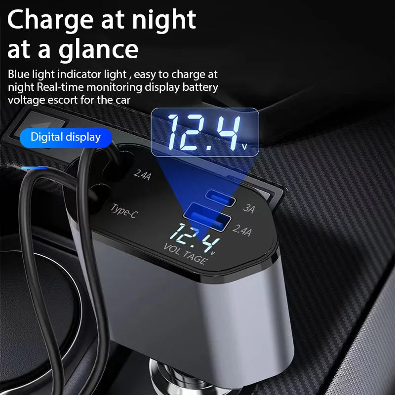 120W Car Charger With Retractable USB Type C Cable - Smarsty