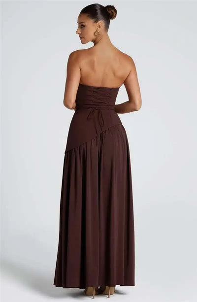 Mozision Strapless Off-shoulder Sexy Maxi Dress For Women Gown Patchwork Scarf Collar Thigh High Split Club Party Long Dress - Smarsty