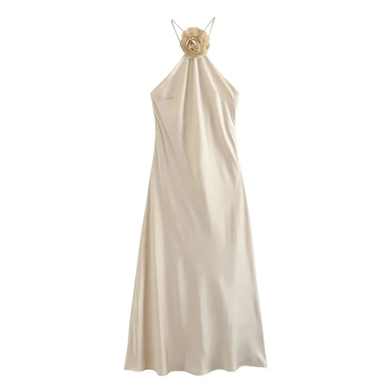 MUJER Flower Halter Dress Woman Off Shoulder Satin Long Dress Women Backless Sexy Evening Dresses Summer Party Dresses For Women