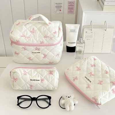 Cute Bow Flower Quilted Cotton Makeup Bag With Zipper - Smarsty