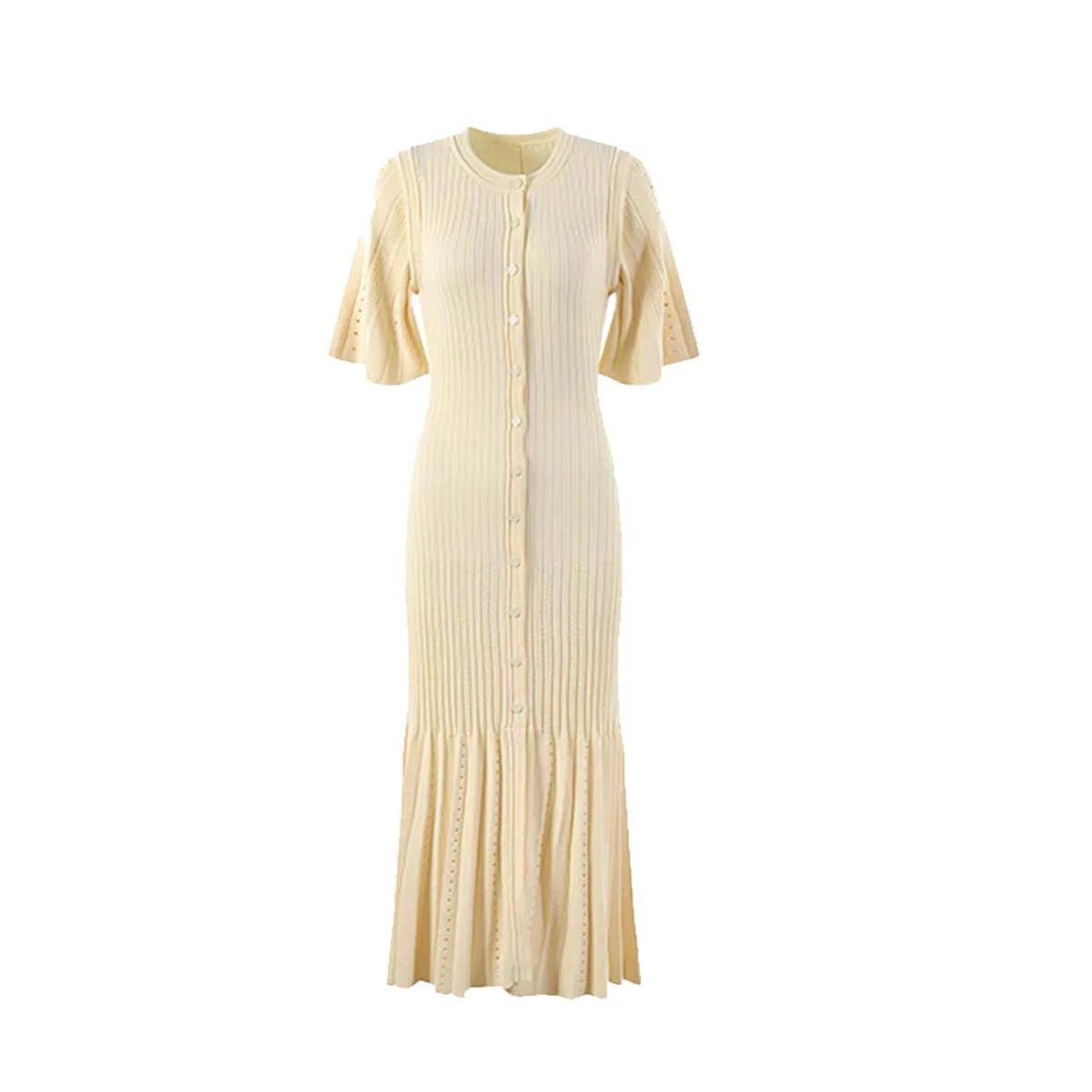 Summer-style fashionable openwork French slimming A-line short-sleeved knitted dress, fishtail long dress for women - Smarsty