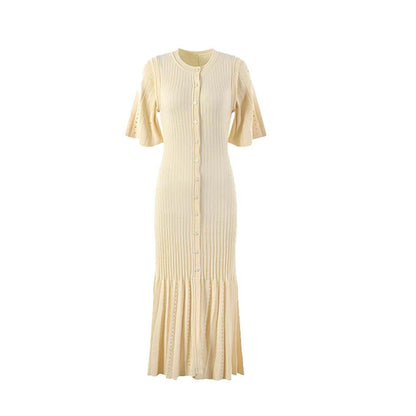 Summer-style fashionable openwork French slimming A-line short-sleeved knitted dress, fishtail long dress for women - Smarsty