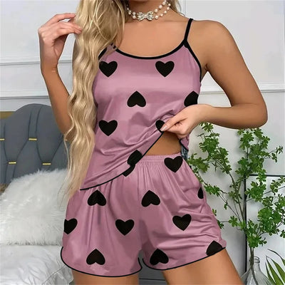 Women's Pajama Set Pajamas T-Shirts Shorts Pink Heart-Shaped Print Round Neck T-Shirt Ice Silk Top Comfortable Casual Summer ﻿ - Smarsty