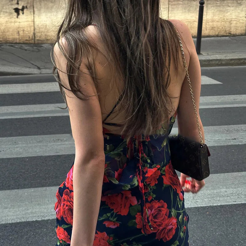Flowers Print Spaghetti Strap Dresses Women Temperament Package Hip Bodycon Long Dress Fashion Sexy Backless Lady Slim Vestidos