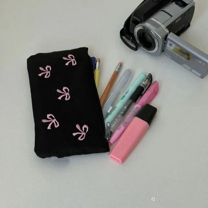 Elegant Bow Embroidery Cosmetic Bag Canvas Pen Case - Smarsty