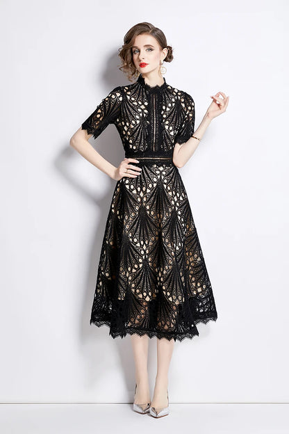 H Han Queen Spring New Elegant Casual Work Party Dresses Floral Crochet Hollow Out Lace Patchwork Casual Office Midi Dress - Smarsty