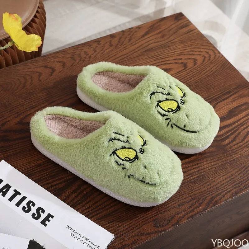 Autumn Winter Fashion New Plus Size Women's Home Slippers Indoor Lazy Green Fur Monster Plush Flat Bottom Comfortable Cotton Mop - Smarsty