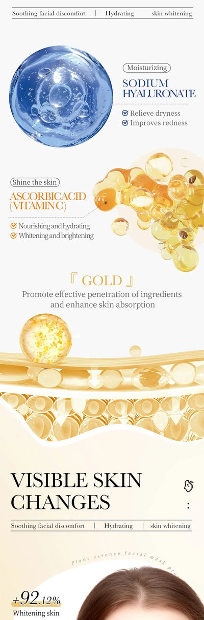 24K Gold Hyaluronic Acid Face Masks for Firming and Moisturizing - Smarsty
