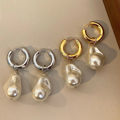 Elegant Gold Vintage Circle Drop Earrings with Baroque Pearl - Smarsty