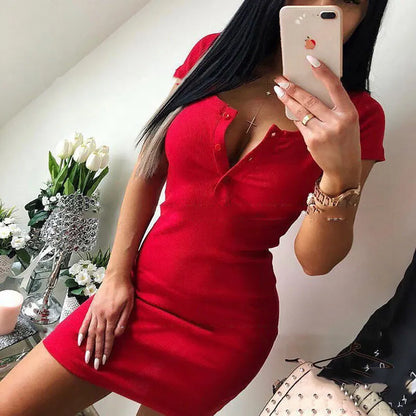 Summer Dress Fall Women Sexy Casual Knit Sheath Mini Dresses Ladies Solid V Neck Chest Button Short Sleeve Bodycon Dress - Smarsty