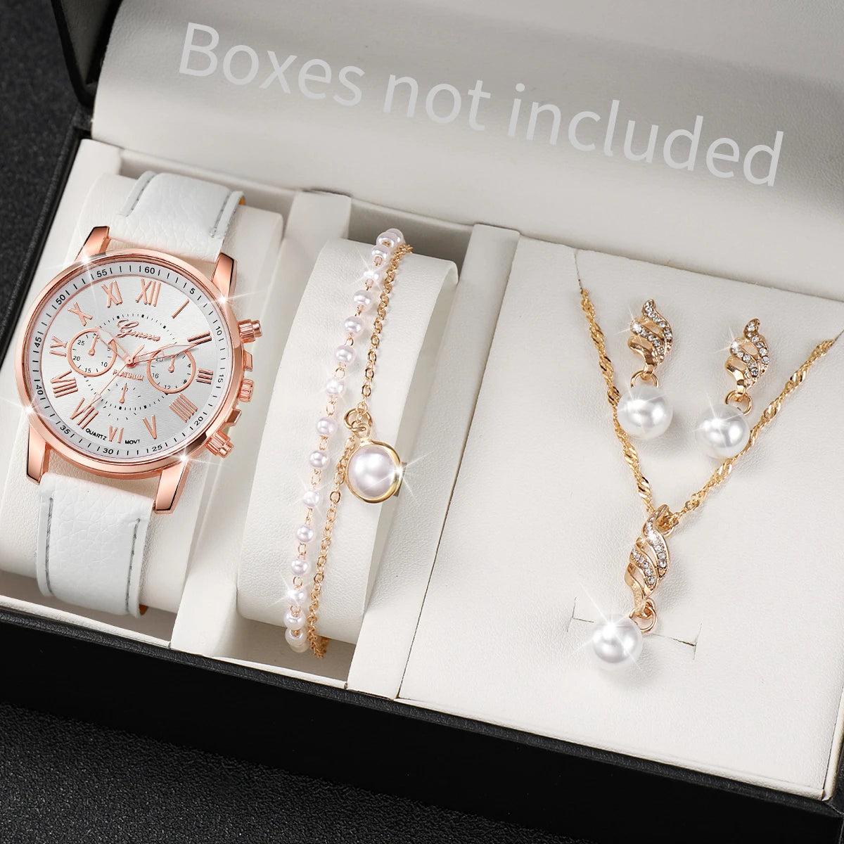 Women's Fashion Quartz Watch Set with Pearls and Leather Band - Smarsty