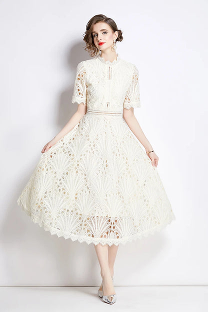 H Han Queen Spring New Elegant Casual Work Party Dresses Floral Crochet Hollow Out Lace Patchwork Casual Office Midi Dress - Smarsty
