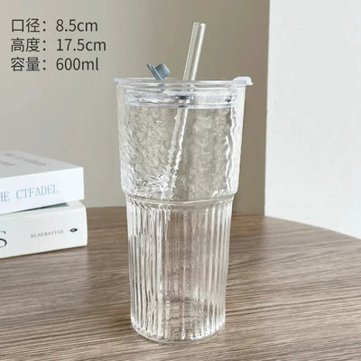 600ML Eco-Friendly Stripe Glass Cup with Lid and Straw - Smarsty