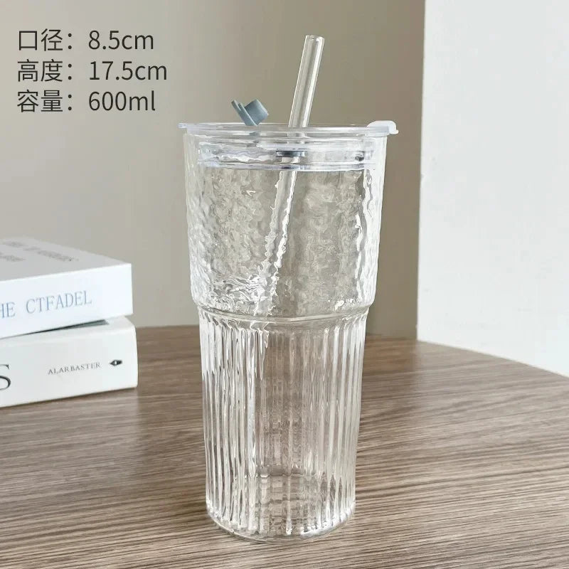 600ML Eco-Friendly Stripe Glass Cup with Lid and Straw - Smarsty