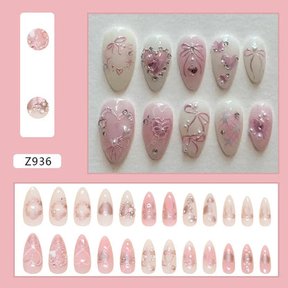24 Piece Pink Almond Fake Nail Set With Bowknot Design - Smarsty