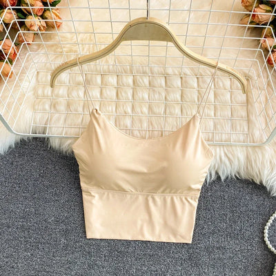 Women Crop Tops Sexy Solid Color Camisole Ice Silk Tube Top Seamless Sports Tank Top Wireless Underwear Padded Bra Bralette Vest - Smarsty