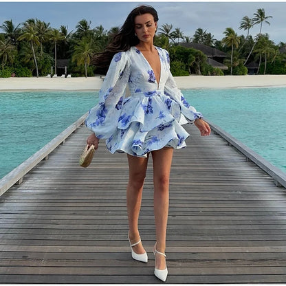 Backless Party Dress Women Elegant 3D Flower Print Sling Lace Up Ruffle A-line Mini Evening Dresses Female 2025 Summer Swimwears - Smarsty