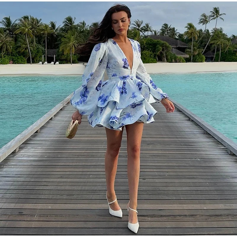 Backless Party Dress Women Elegant 3D Flower Print Sling Lace Up Ruffle A-line Mini Evening Dresses Female 2025 Summer Swimwears - Smarsty