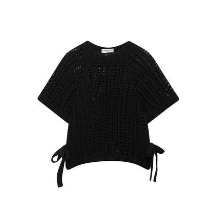 Hollow Out Knit Pullover Women Casual Round Neck Lace Up Bow Sweater Female Autumn Short Sleeves Solid Knitwears Lady - Smarsty
